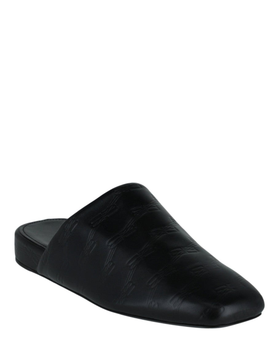 Balenciaga Square-Toe Black Calfskin Mules With Embossed Bb Monogram