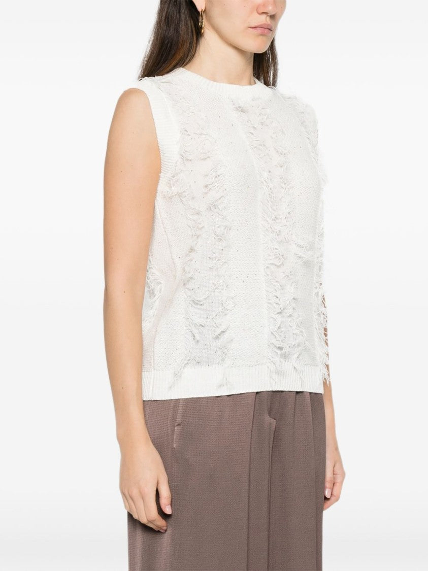 Peserico Textured Knit Sleeveless White Sweater With Fringed Stripes