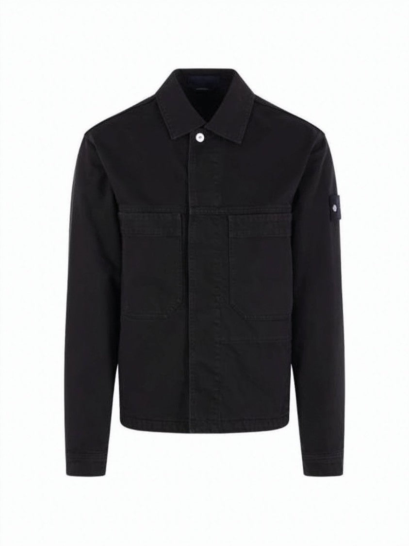 Stone Island Black Denim Coach Jacket With Classic Collar And Boxy Silhouette
