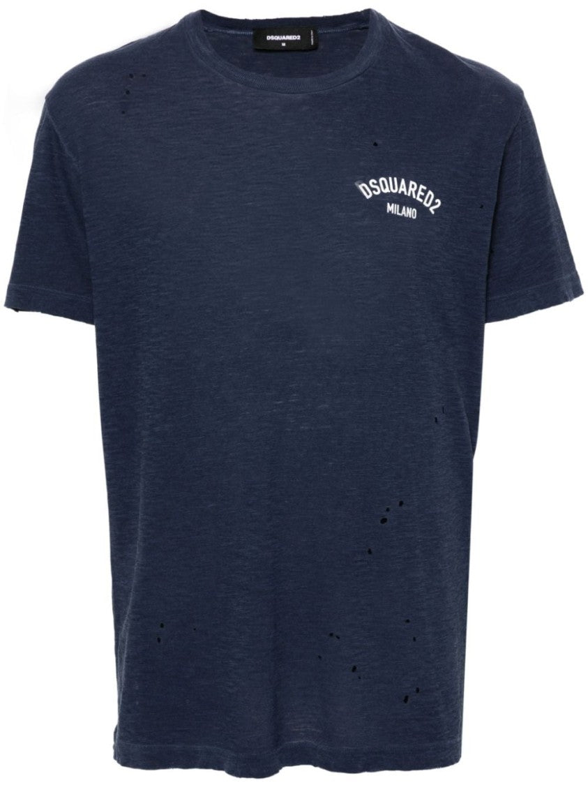 Dsquared2 Navy Blue Distressed Cotton Blend T-Shirt