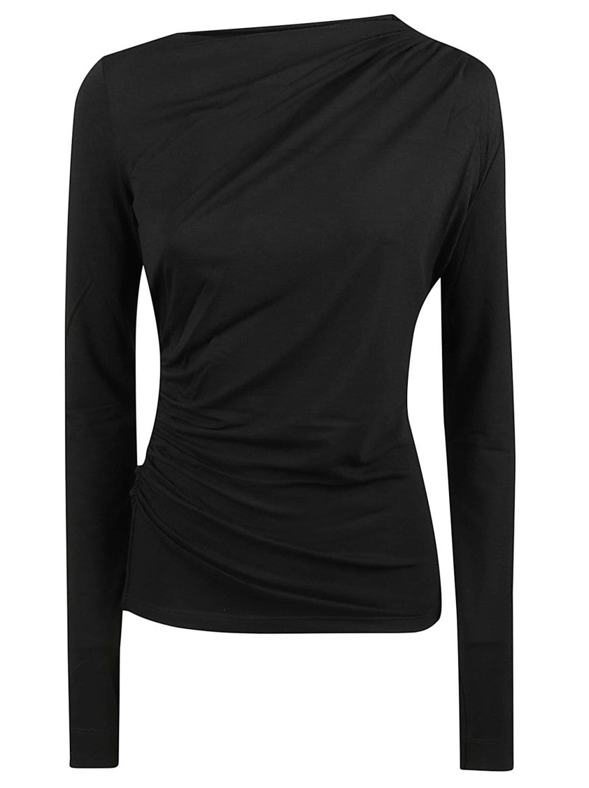 Patrizia Pepe Ruched Asymmetrical-Neck Long-Sleeve Viscose-Blend Top