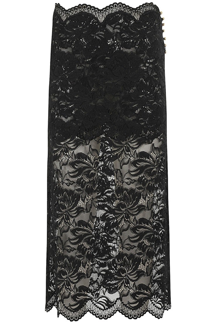 Rabanne Black Lace Trim Side Buttons Transparent Polyamide Midi Skirt