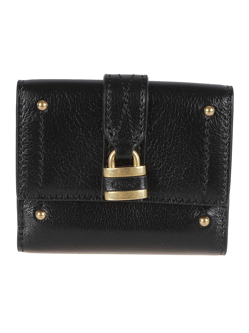 Chloé Trifold Buffalo Leather Wallet With Metal Lock And Gold Hardware