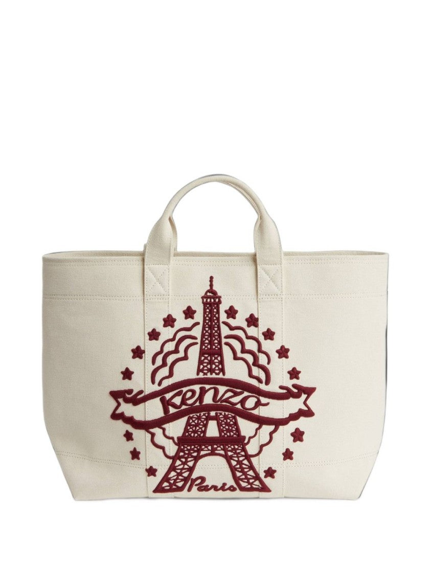 Kenzo Spacious Cotton Tote Bag With Eiffel Tower Embroidery