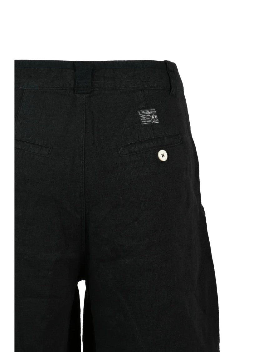 La Martina Black Mid-Rise Linen Shorts