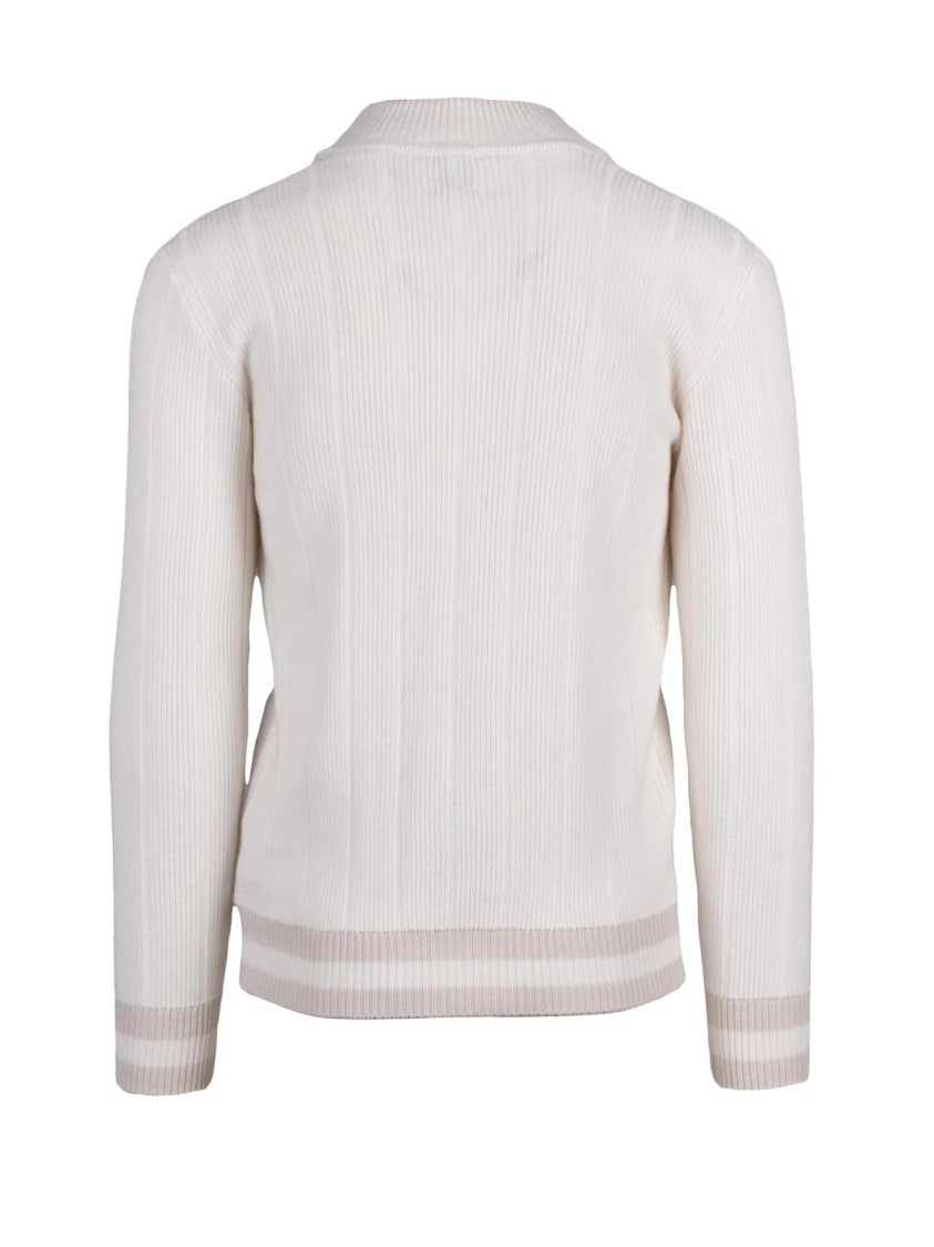 Eleventy White Ribbed Notched Collar Cashmere Cardigan
