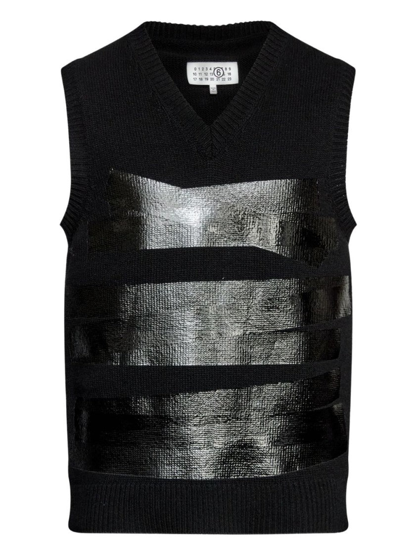 Mm6 By Maison Margiela Sleeveless Black V-Neck Sweater With Textured Stripes