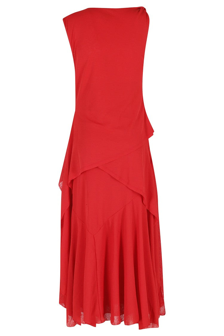Ganni Red Marl Mesh Draped Knot Recycled-Polyester Midi Dress