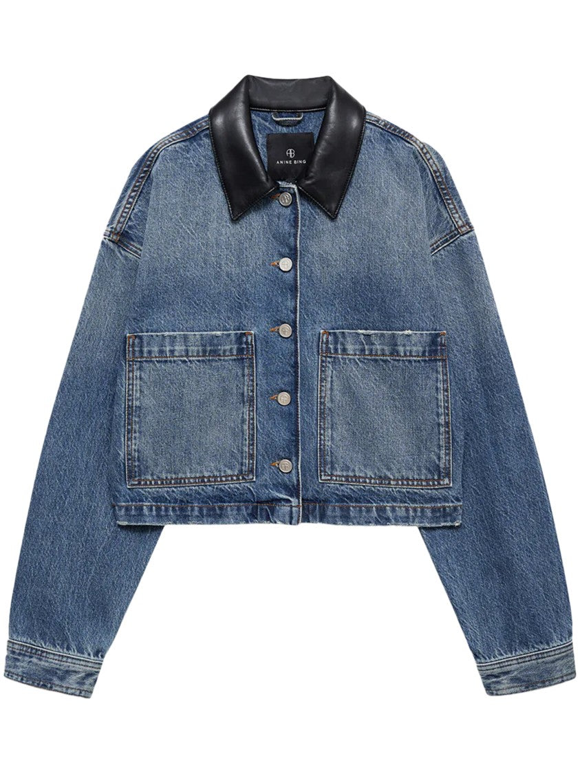 Anine Bing Cropped Denim Jacket With Leather Collar And Boxy Silhouette