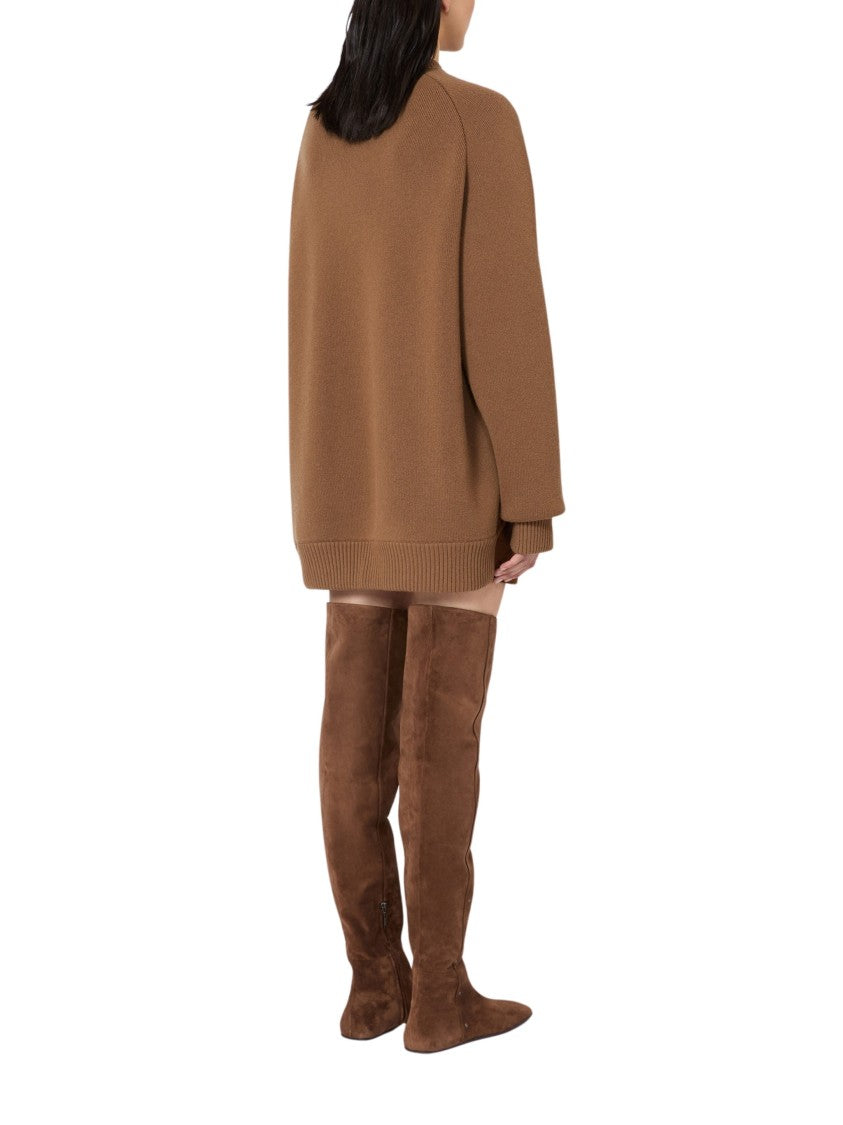 Max Mara Short Knit Dress With Suede Insert And Ribbed Collar