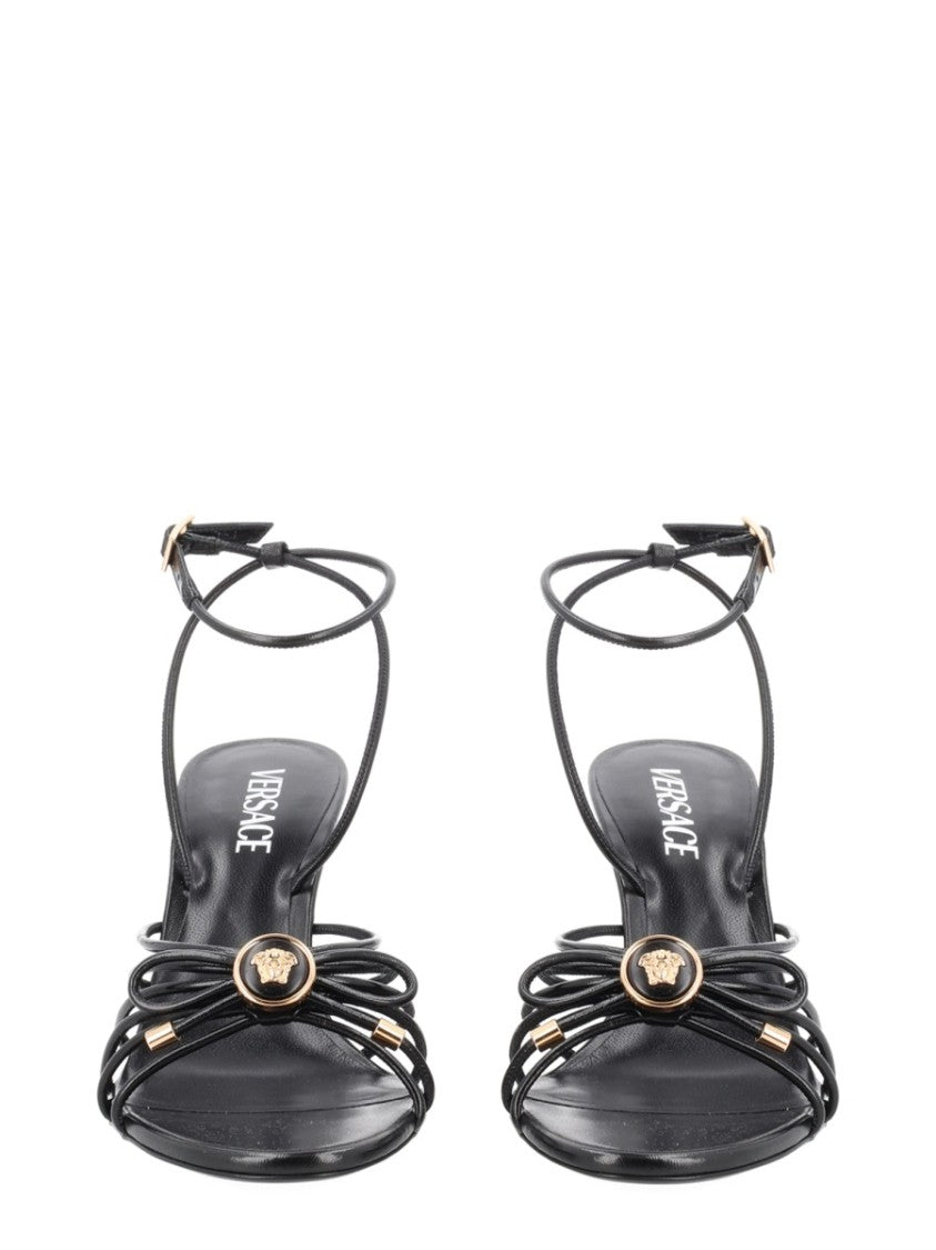 Versace Opera Bow Gold-Tone Emblem Sandals
