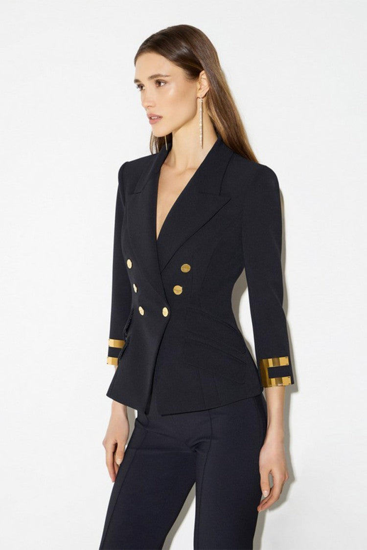 Elisabetta Franchi Black Double-Breasted Gold Buttons Polyester-Blend Blazer