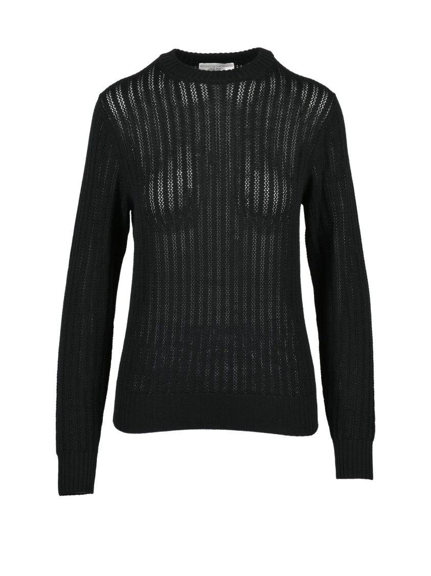 Filippo De Laurentiis Fitted Crewneck Sweater With Vertical Openwork Stripes