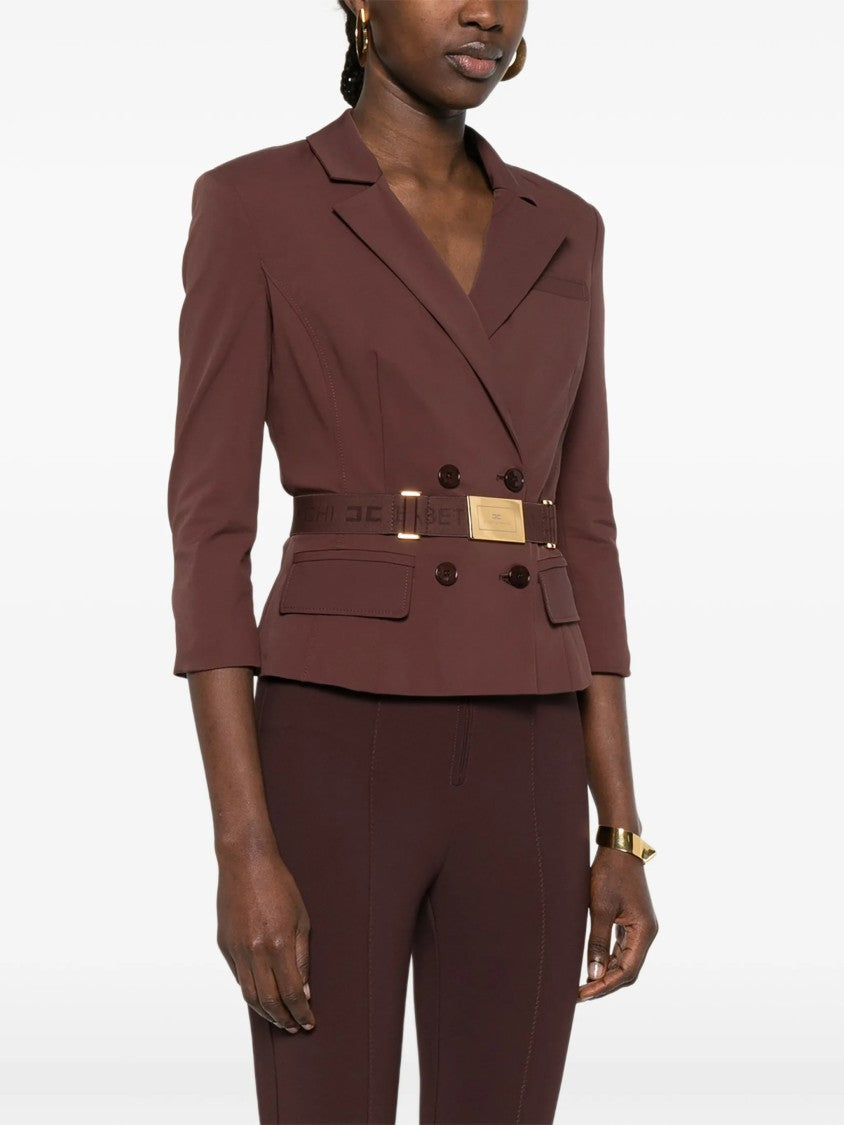 Elisabetta Franchi Double-Breasted Tailored Brown Belted Jacket
