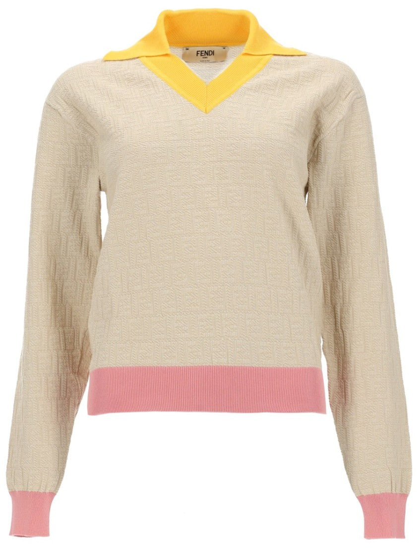 Fendi Textured Knit Top With Contrasting Collar And Ribbed Details