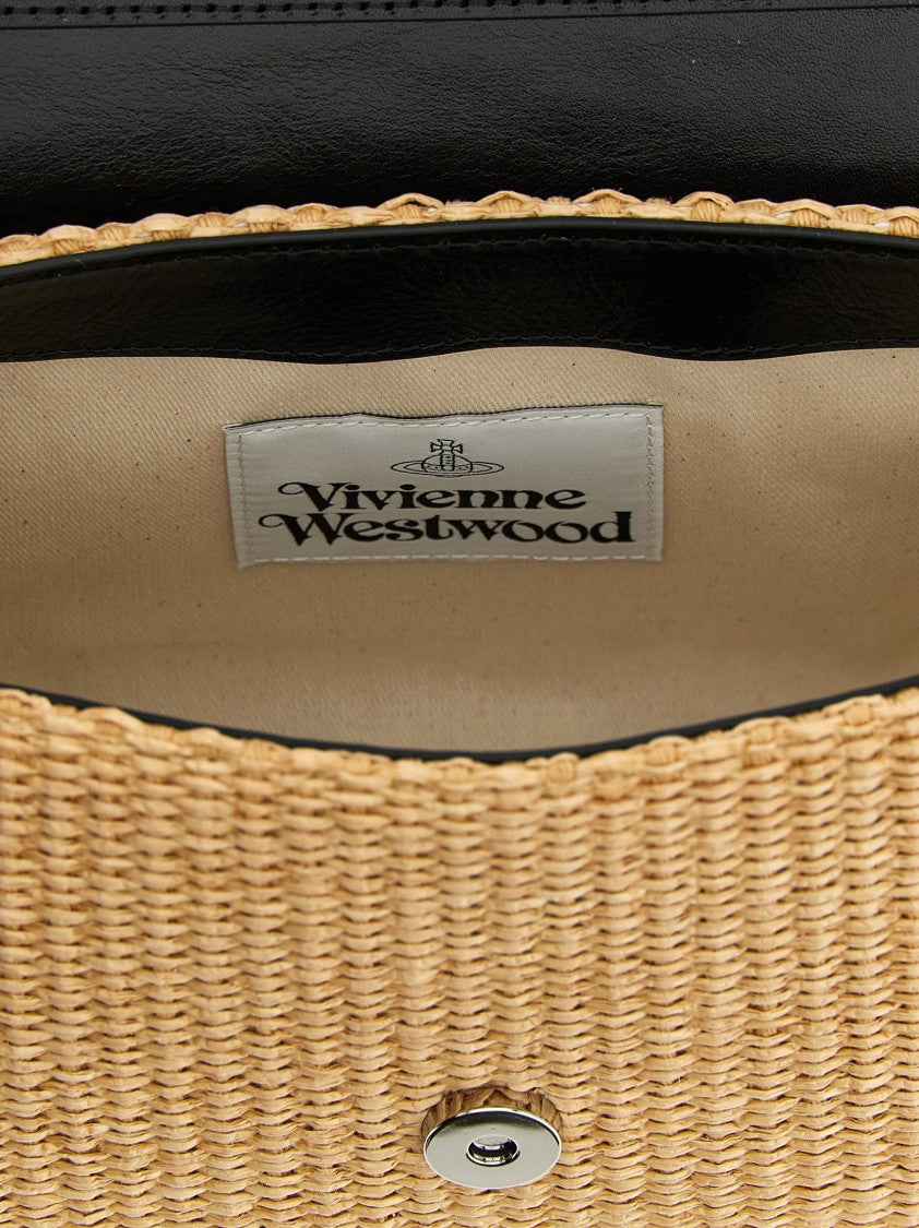 Vivienne Westwood Medium Woven Raffia Shoulder Bag With Leather Accents And Distinctive Logo Patch