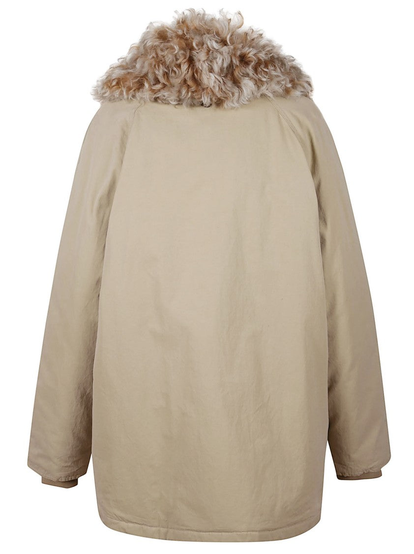Prada Short Beige Coat With Curly Fur Collar