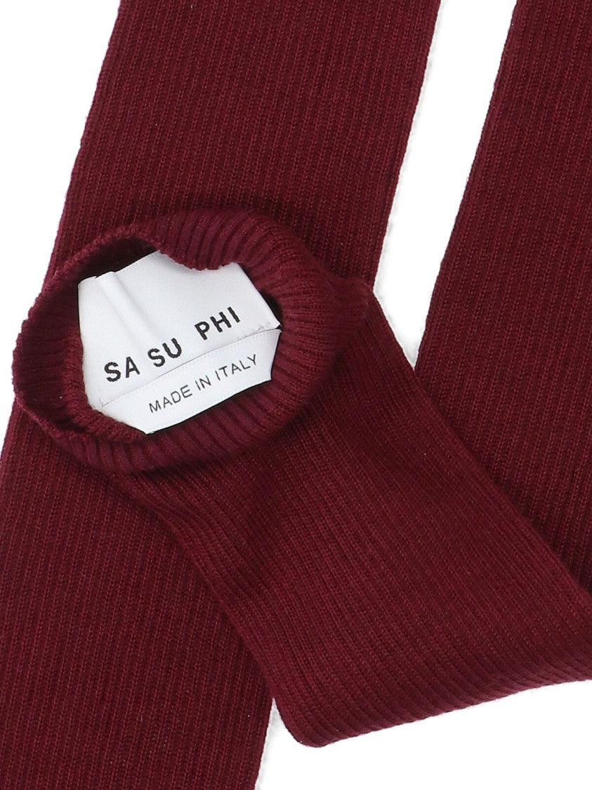 Sa Su Phi Long Ribbed Knit Gloves In Deep Burgundy Shade
