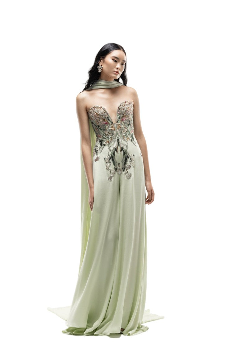 Saiid Kobeisy Embroidered Crepe Georgette Jumpsuit With Strapless Sweetheart Neckline