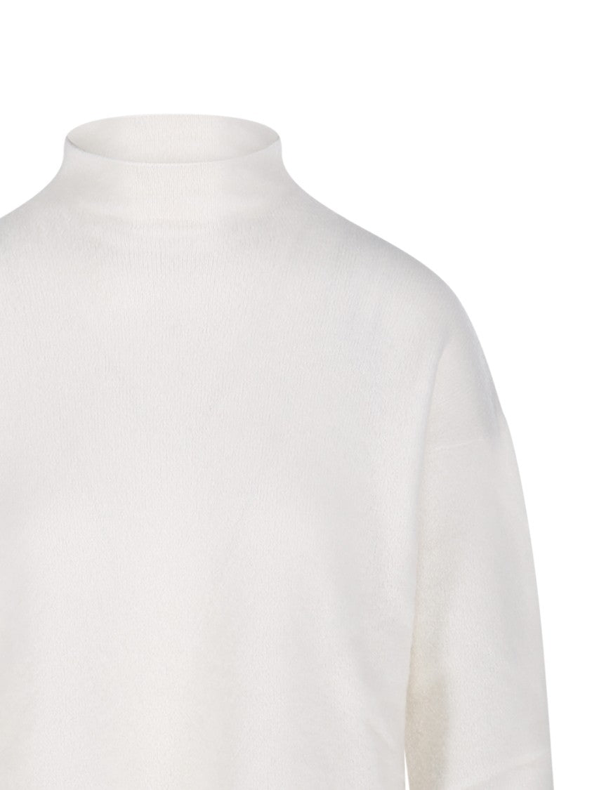 Max Mara Cropped White Cashmere Knit Sweater With Ribbed Detailing