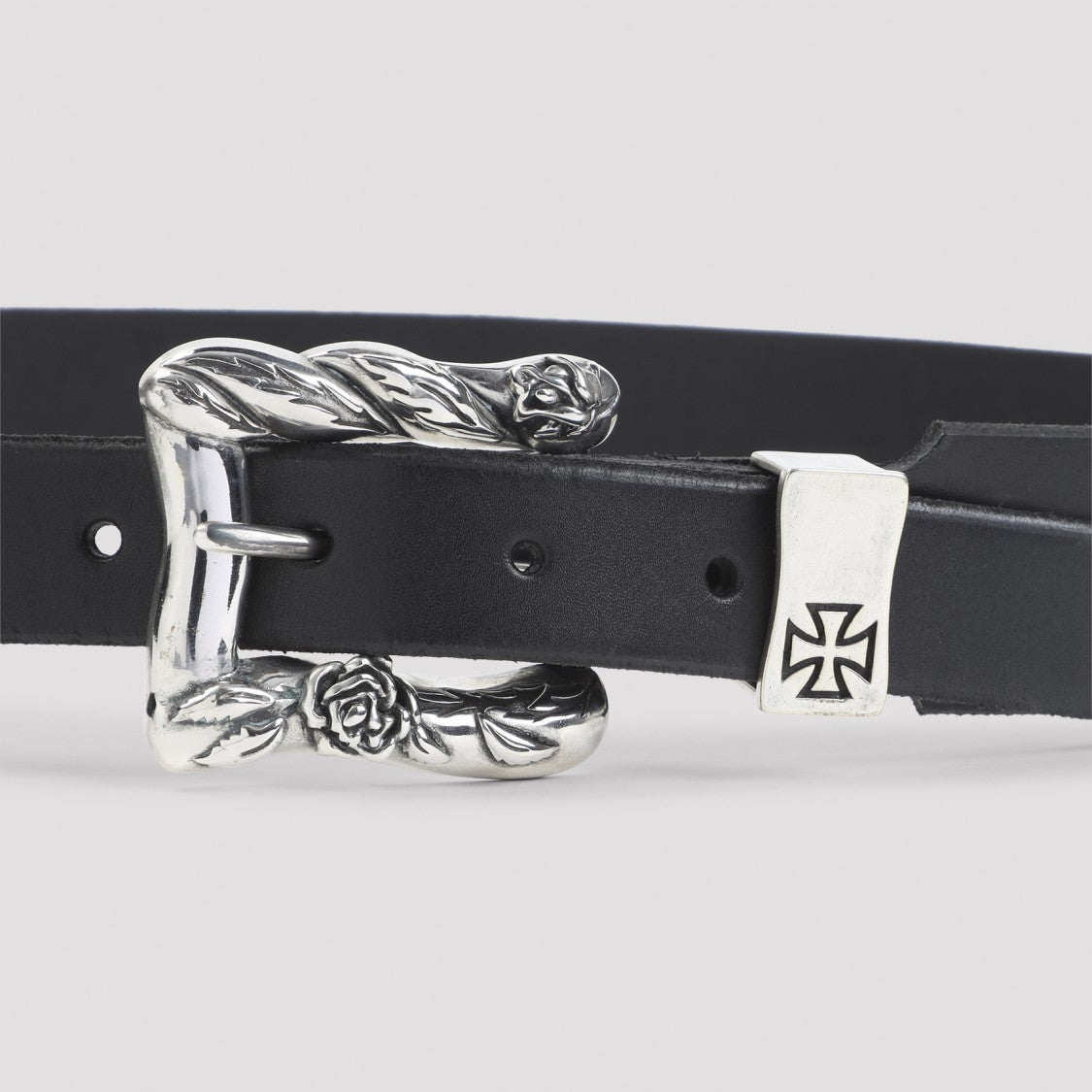 Enfants Riches Déprimés Black Leather Belt With Intricate Silver Buckle And Loop Emblem