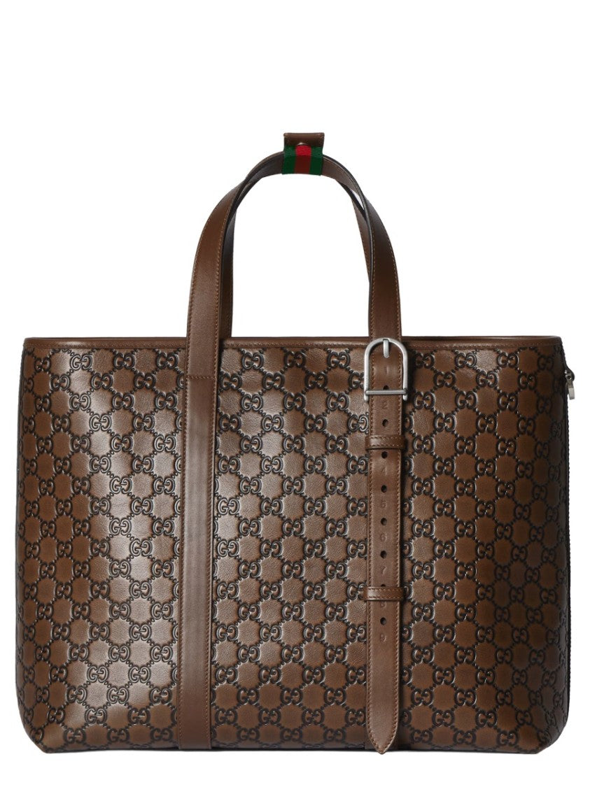 Gucci Emblem-Patterned Calf Leather Tote Bag