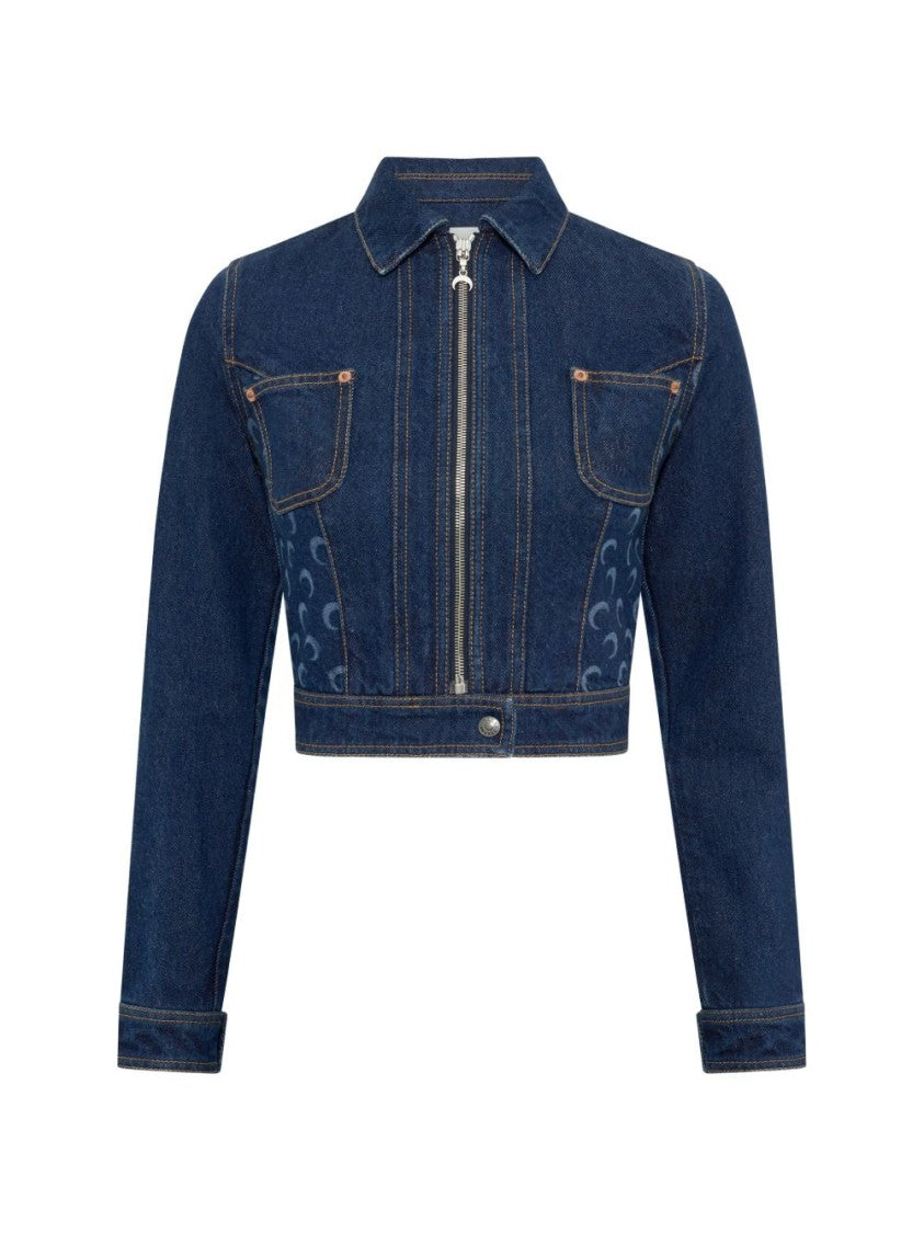 Marine Serre Brown Cropped Denim Crescent Moon Jacket