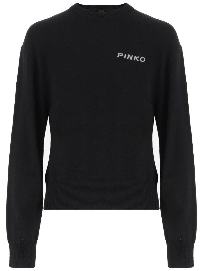 Pinko Cropped Knit Sweater With Graphic Back And Ribbed Detailing