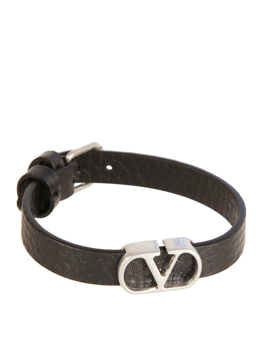 Valentino Garavani Textured Black Leather Bracelet With Vlogo Centerpiece