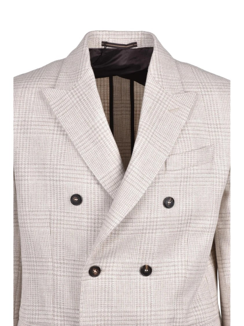 Slowear By Incotex Beige Checkered Double-Breasted Virgin Wool-Blend Blazer