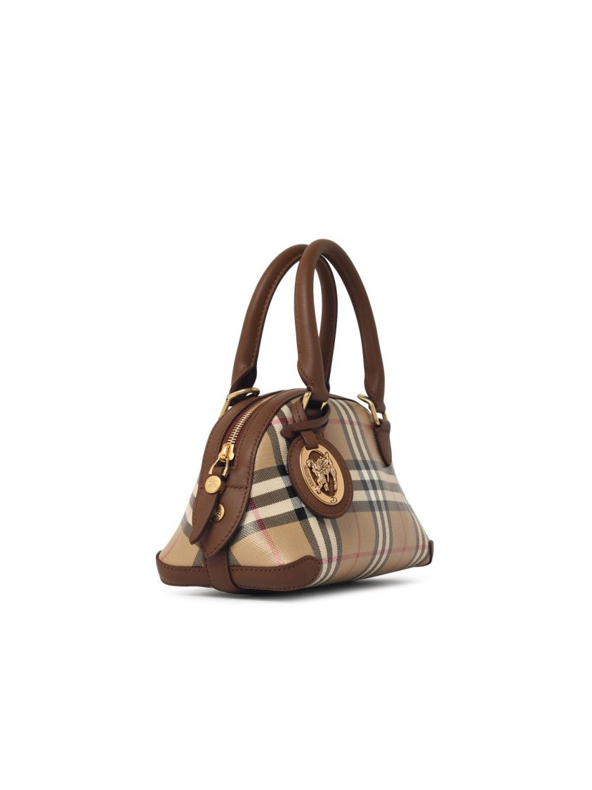 Burberry Beige Checkered Mini Bag With Leather Accents And Detachable Charm