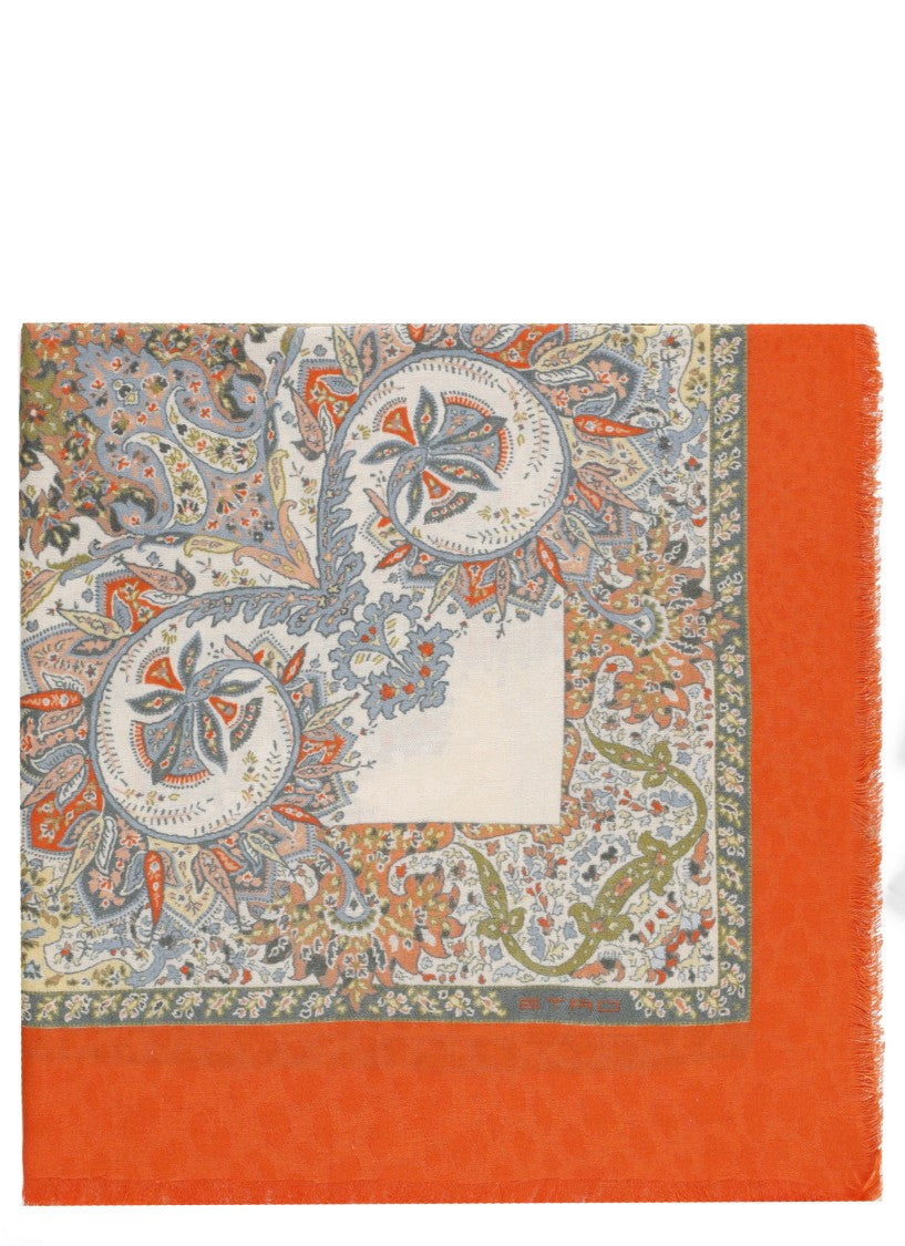 Etro Intricate Paisley Print Cotton Scarf With Fringed Edges