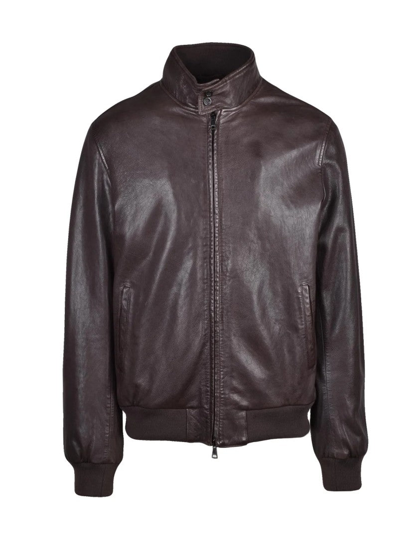 Mabrun Brown Quilted Interior Genuine Leather Zip Jacket