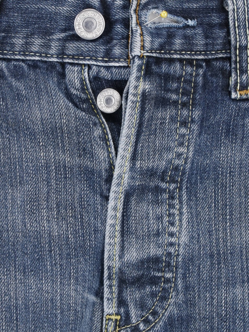 Re/Done Blue Mid-Rise Distressed Frayed Denim Shorts