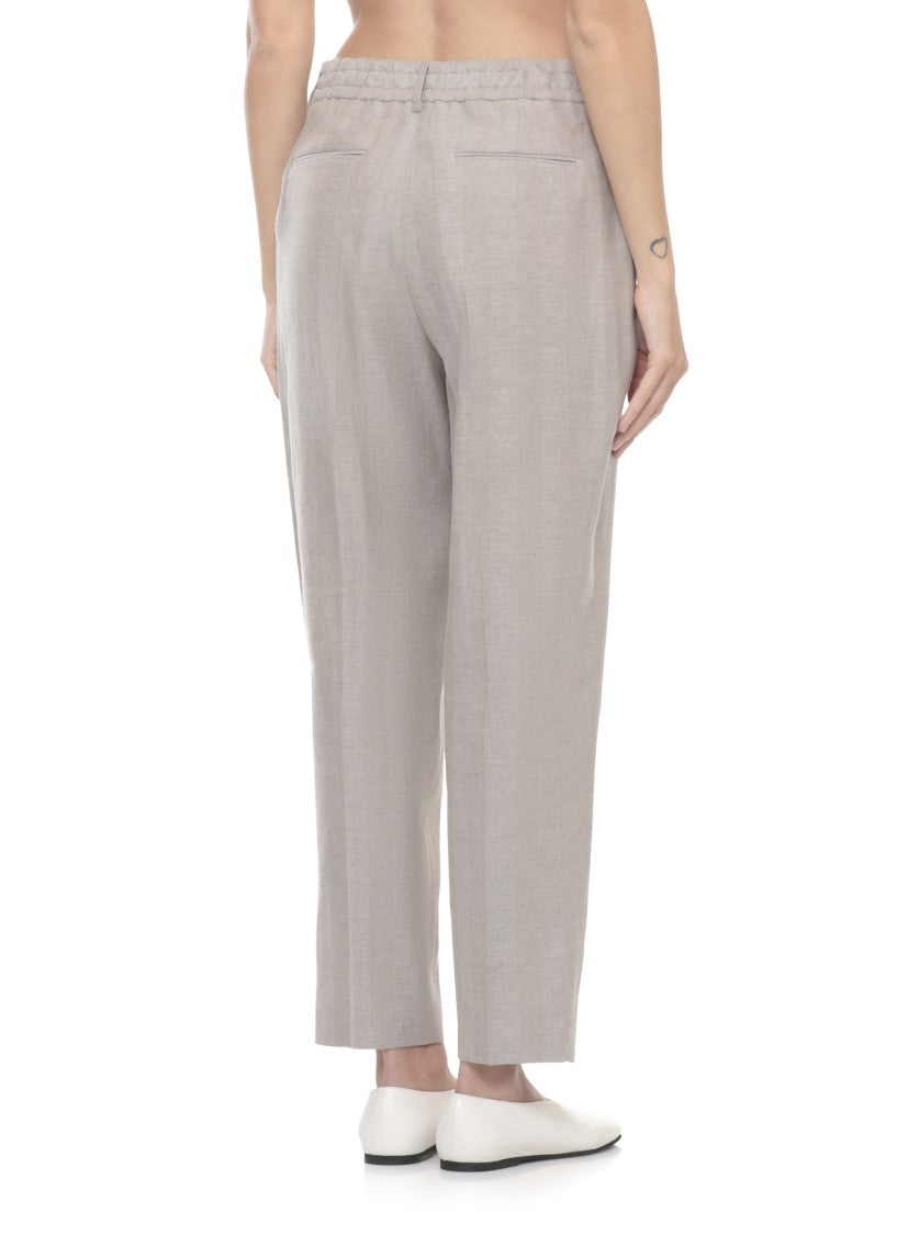 Pt Torino Beige Striped Waist Linen-Cotton Pants