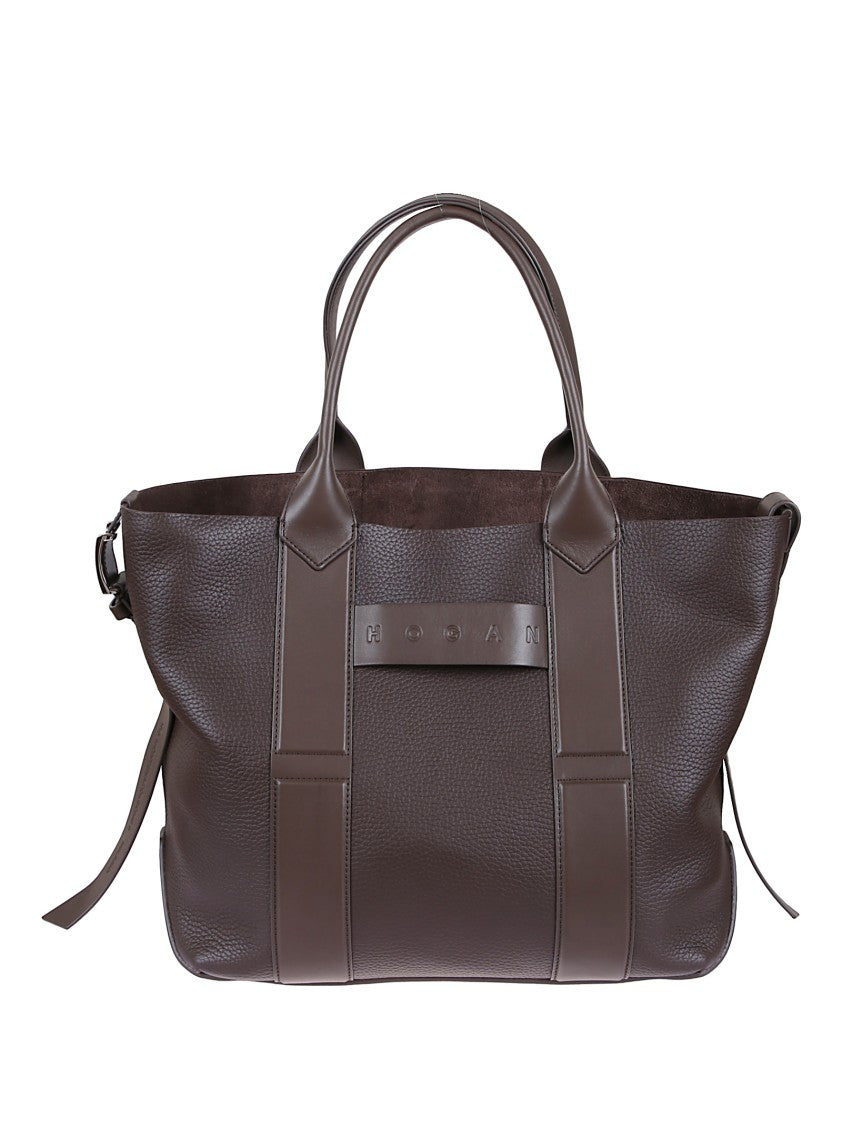 Hogan Hammered Leather Shopping Bag With Smooth Inserts