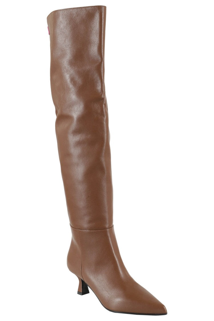 3Juin Knee-Length Brown Leather Boots With Pointed Toe