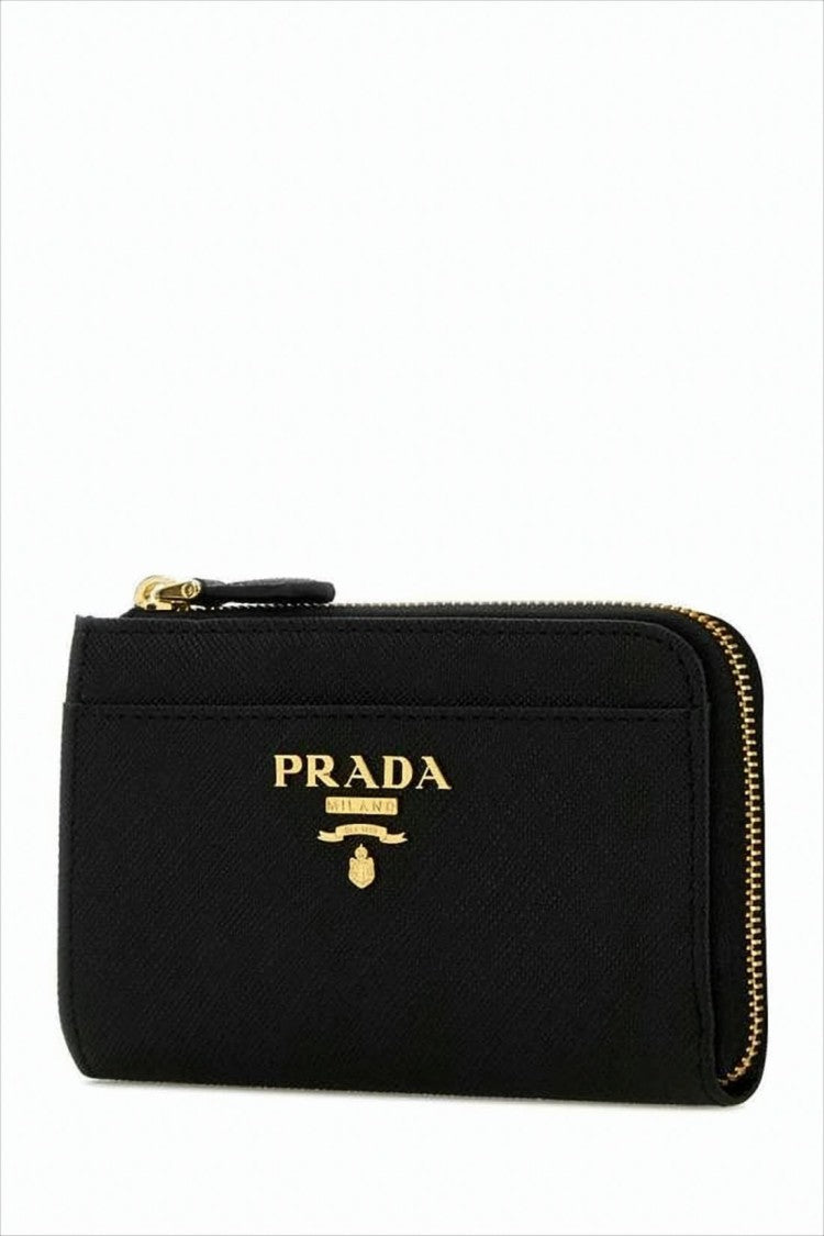 Prada Textured Cow Leather Zip-Around Wallet With Gold Emblem