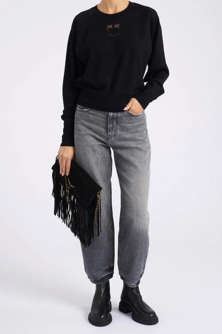 Pinko Black Crewneck Embroidered Love Birds Wool-Blend Sweater