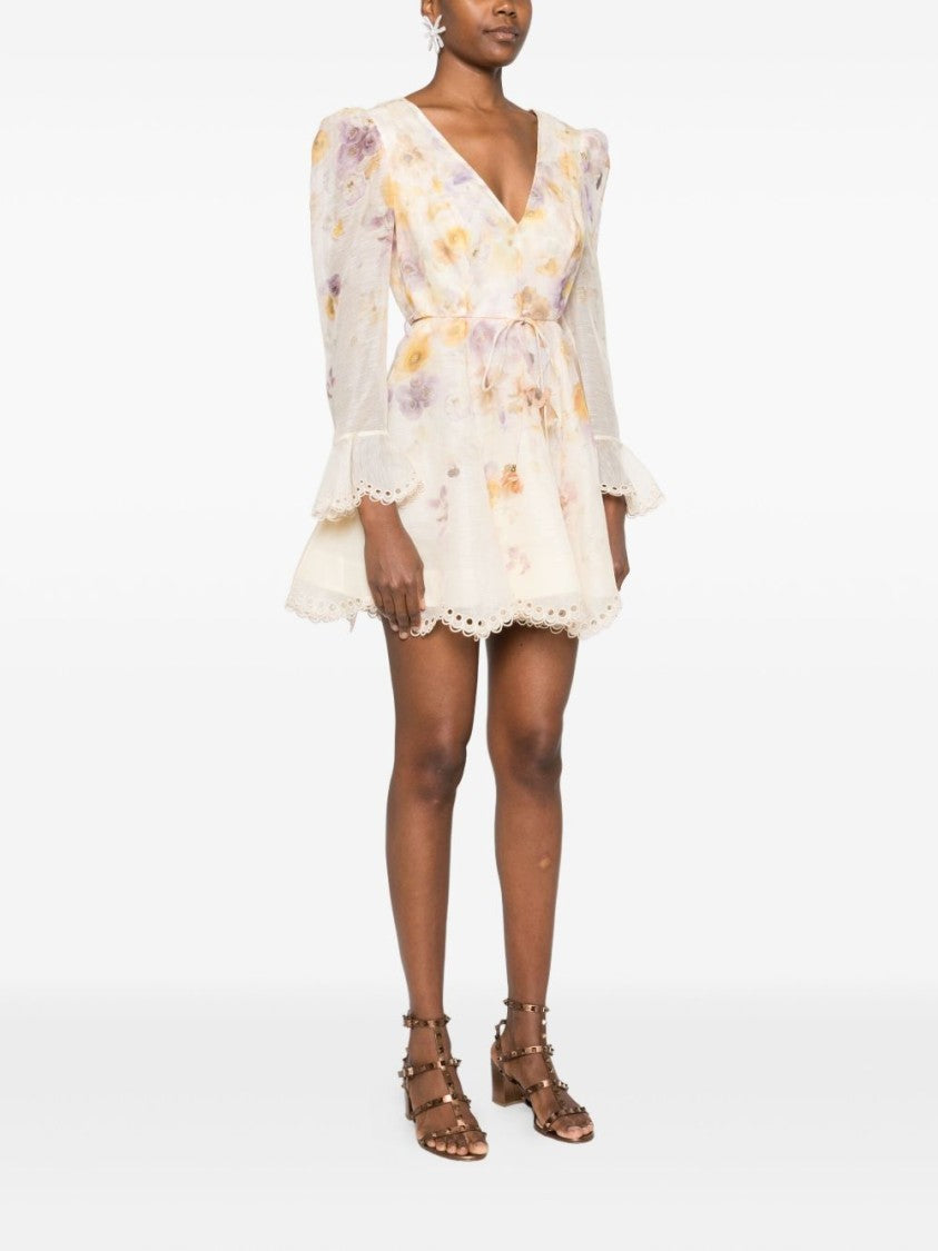Zimmermann Floral-Embellished Minidress With Puffed Sleeves