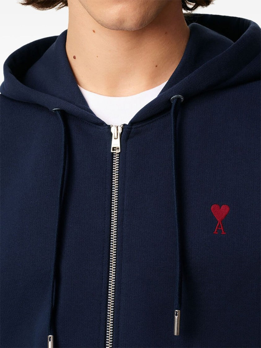 Ami Paris Navy Blue Zip-Up Hoodie With Drawstring Hood