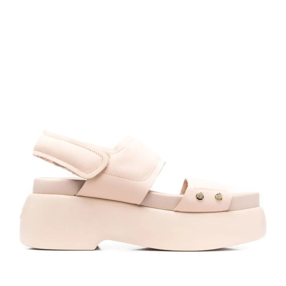 Agl Beige Leather Puffy Velcro Wedge Sandals