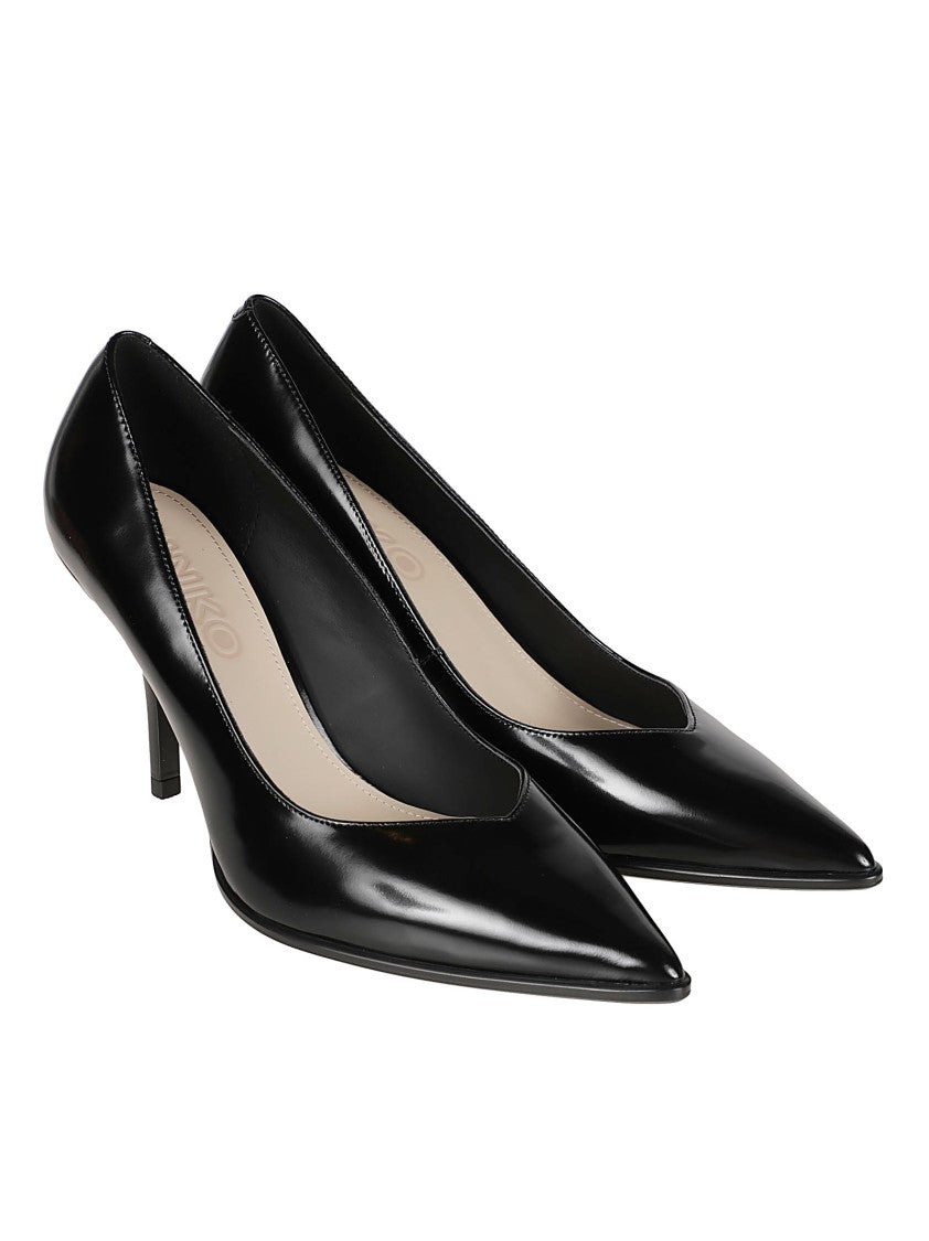 Pinko Pointed-Toe Black Leather Pumps With Kitten Heel And Metallic Detail