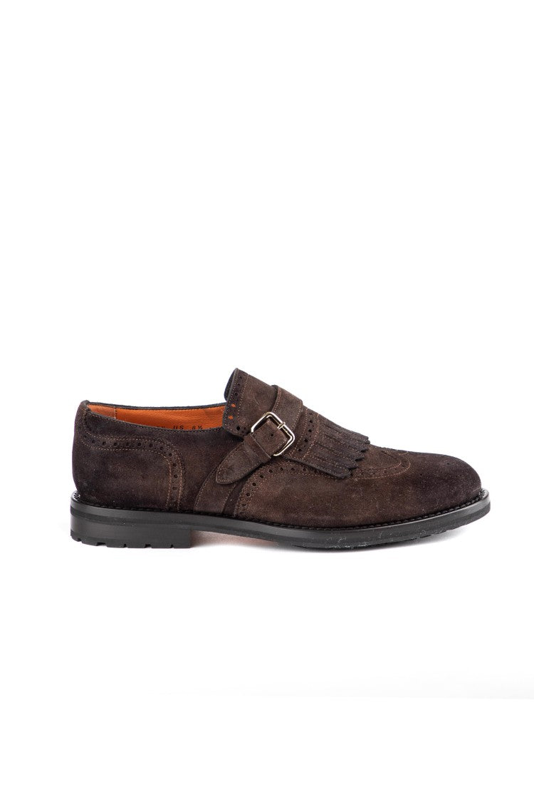 Santoni Aged Suede Single Buckle Fringe Shoes
