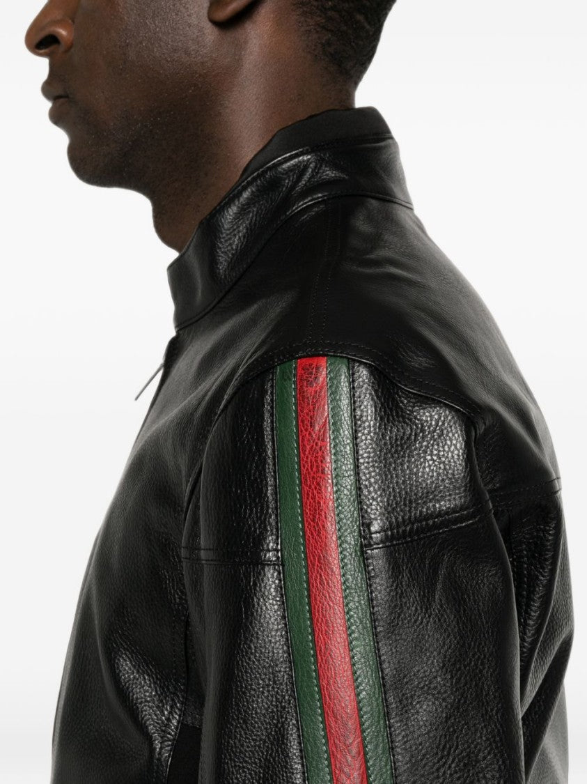 Gucci Cropped Leather Jacket With Striped Shoulders And Zippered Cuffs