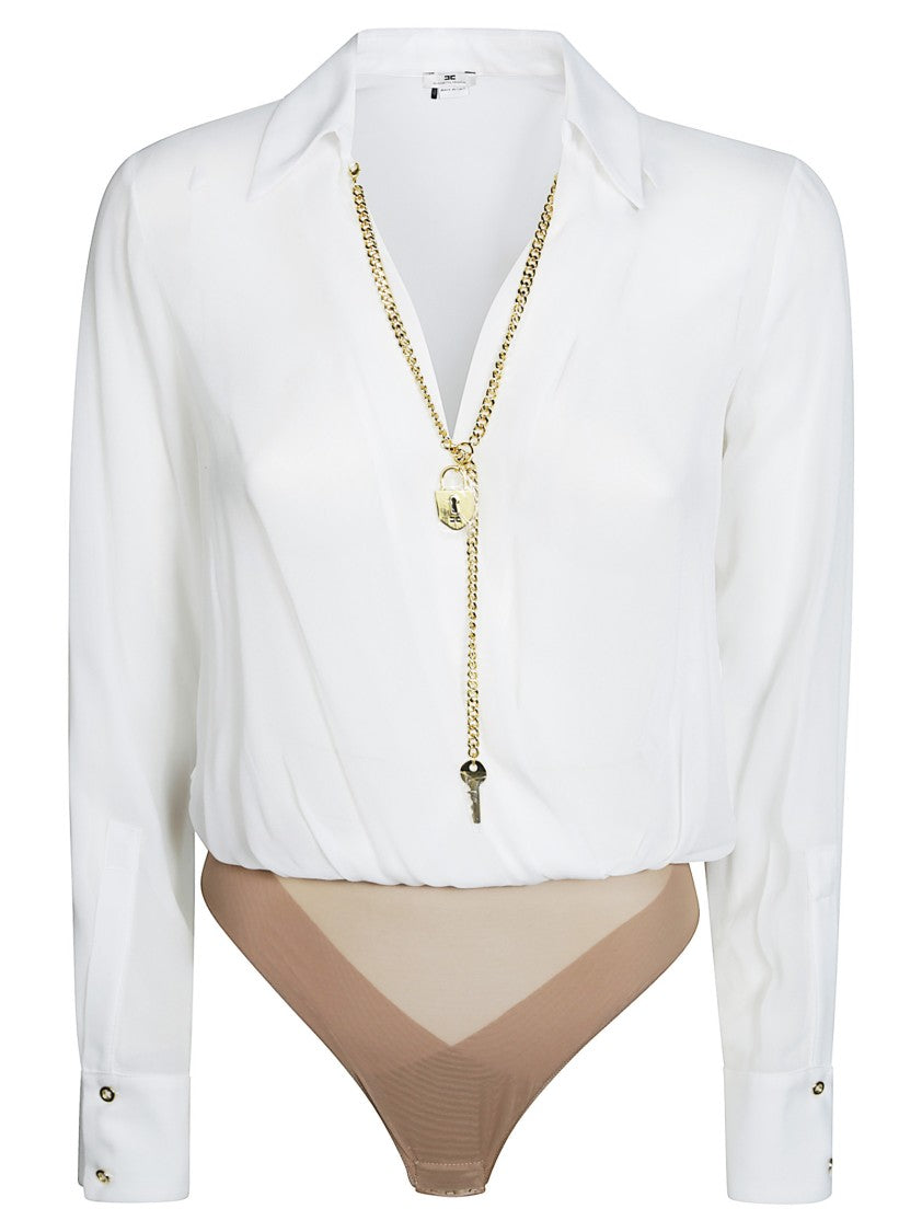 Elisabetta Franchi White V-Neck Bodysuit Shirt