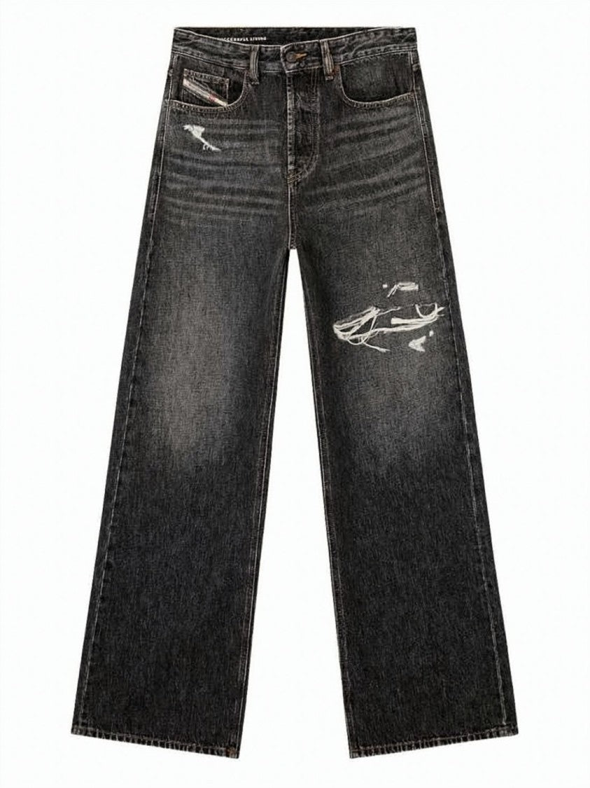 Diesel Wide-Leg Denim Pants With Distressed Finish