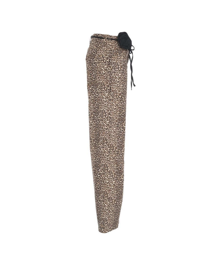Liu Jo Brown Animal Print Wide-Leg Trousers With Drawstring Waistband