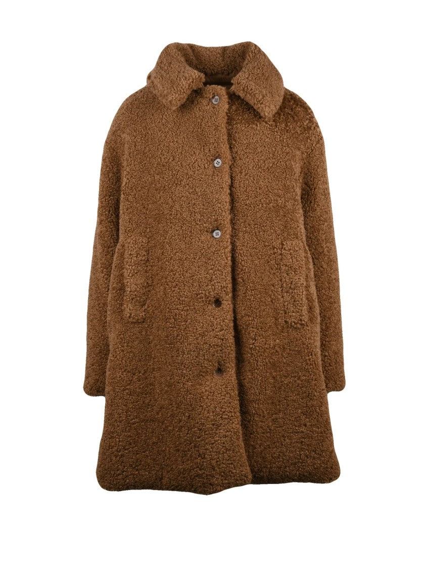 Aspesi Mid-Length Brown Teddy Textured Coat With Classic Collar