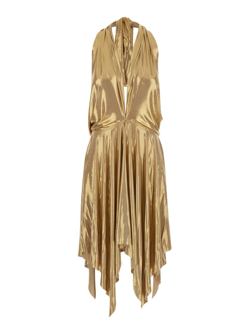Norma Kamali Asymmetrical Gold Dress With Deep V-Neckline
